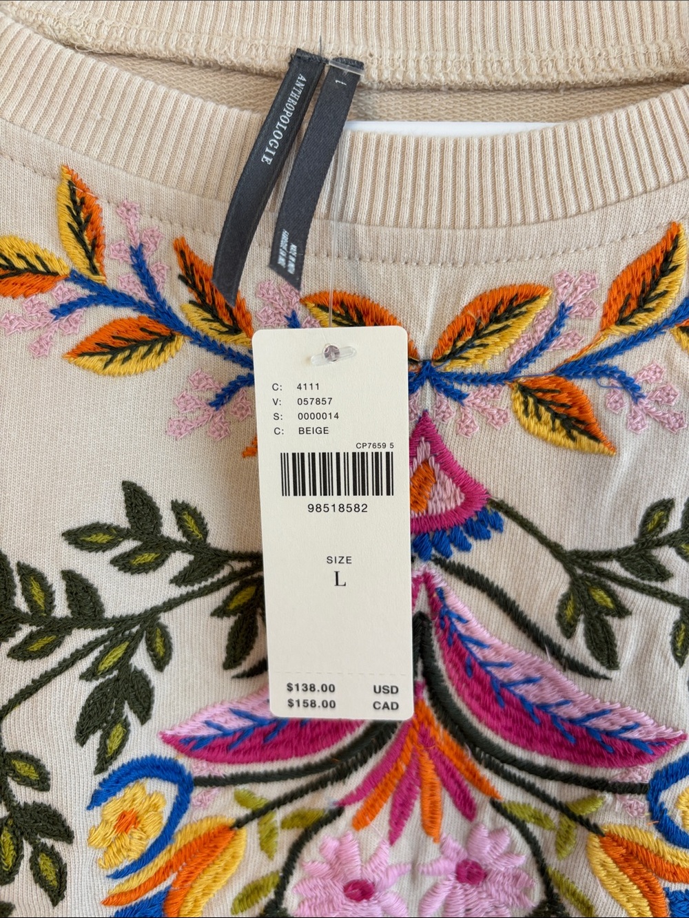 Anthropologie Embroidered Cream Pullover sweatshirt - Picture 2 of 2